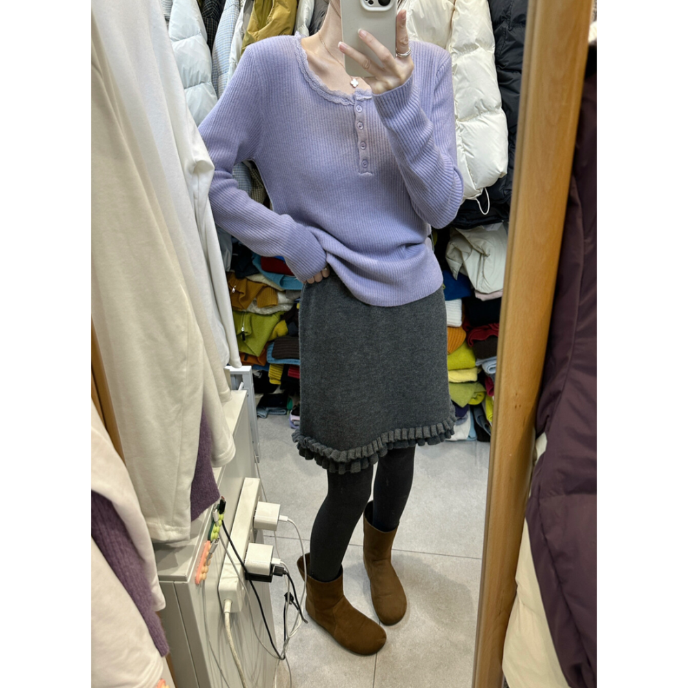 超好搭配~高腰花邊針織短裙-細節圖3