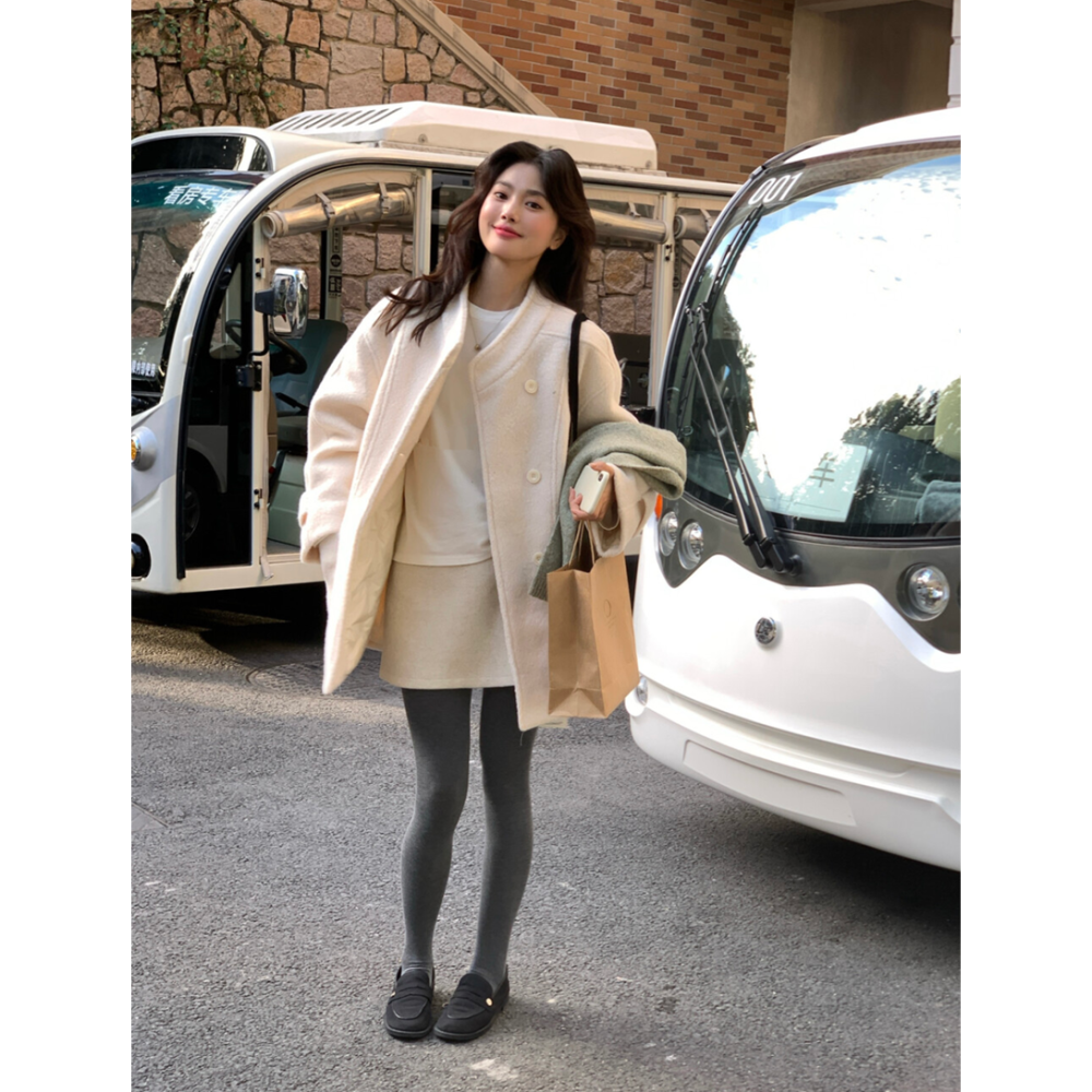 韓系溫柔小姊姊圈圈毛中長款寬鬆毛呢大衣羽絨外套(50%白鴨絨)-細節圖2