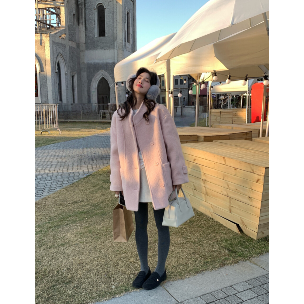 韓系溫柔小姊姊圈圈毛中長款寬鬆毛呢大衣羽絨外套(50%白鴨絨)-細節圖3