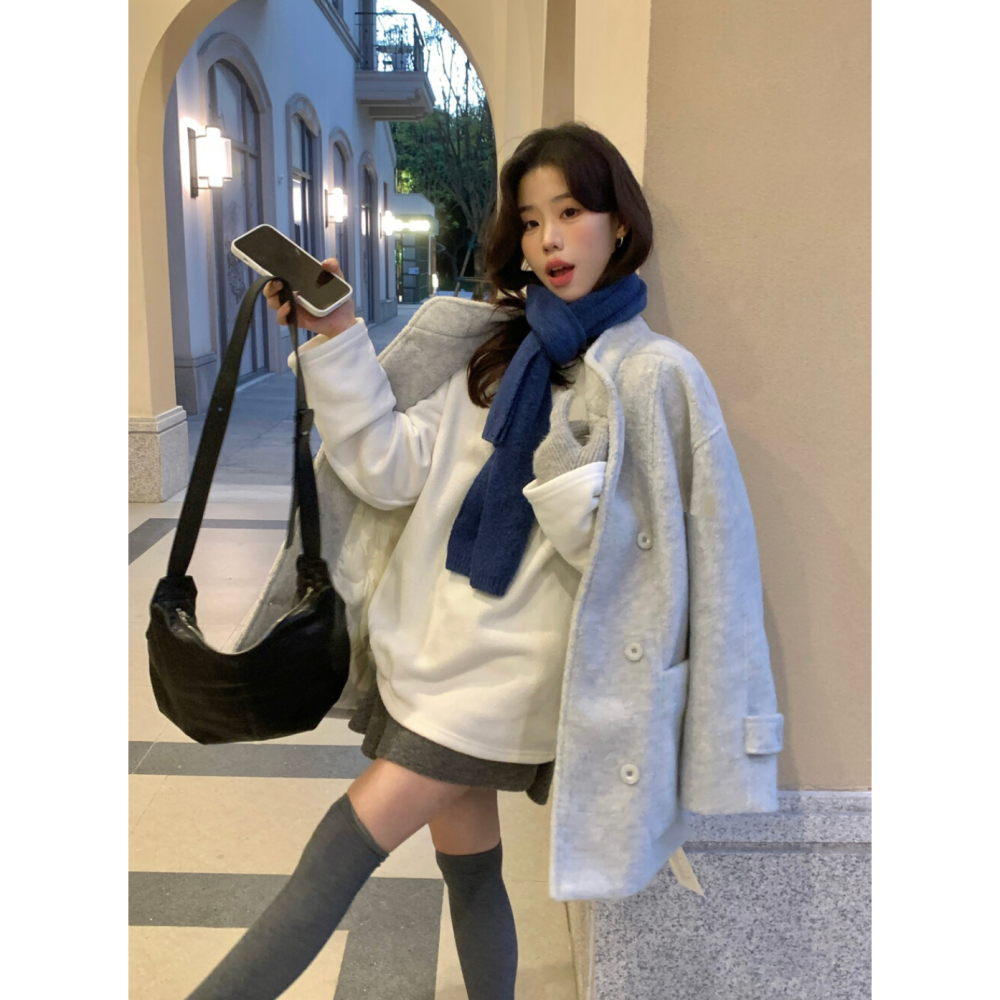 韓系溫柔小姊姊圈圈毛中長款寬鬆毛呢大衣羽絨外套(50%白鴨絨)-細節圖4