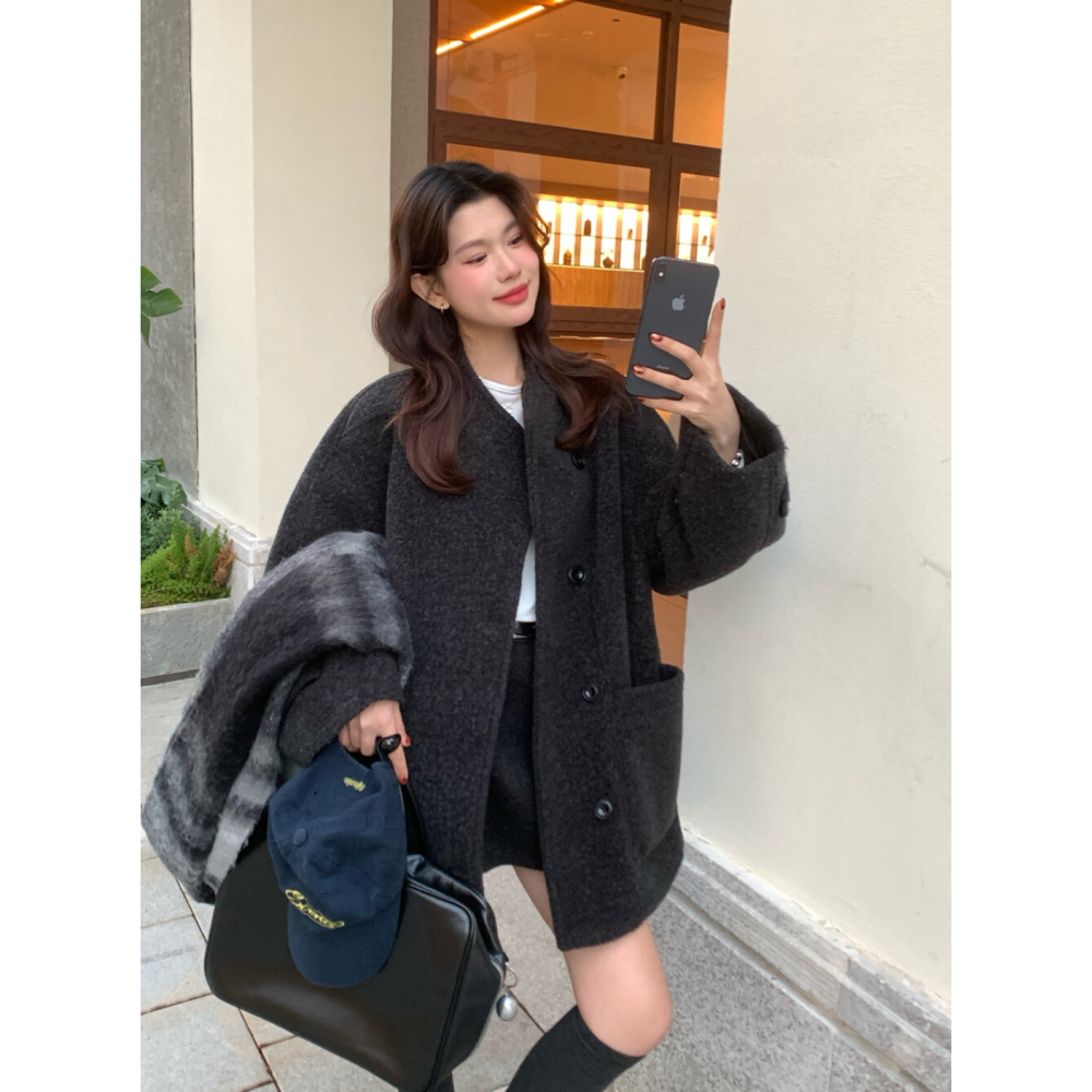 韓系溫柔小姊姊圈圈毛中長款寬鬆毛呢大衣羽絨外套(50%白鴨絨)-細節圖5