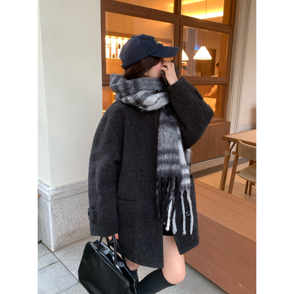 韓系溫柔小姊姊圈圈毛中長款寬鬆毛呢大衣羽絨外套(50%白鴨絨)-細節圖6