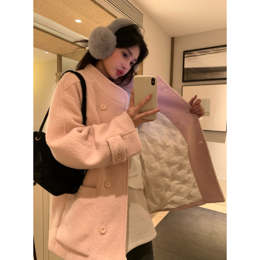 韓系溫柔小姊姊圈圈毛中長款寬鬆毛呢大衣羽絨外套(50%白鴨絨)-細節圖8