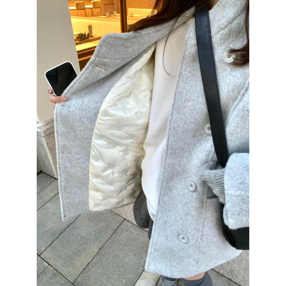 韓系溫柔小姊姊圈圈毛中長款寬鬆毛呢大衣羽絨外套(50%白鴨絨)-細節圖10