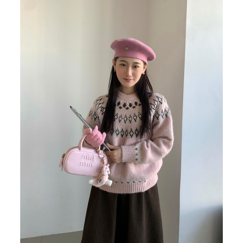 拼色復古感圖騰菱形費爾島毛衣-細節圖2