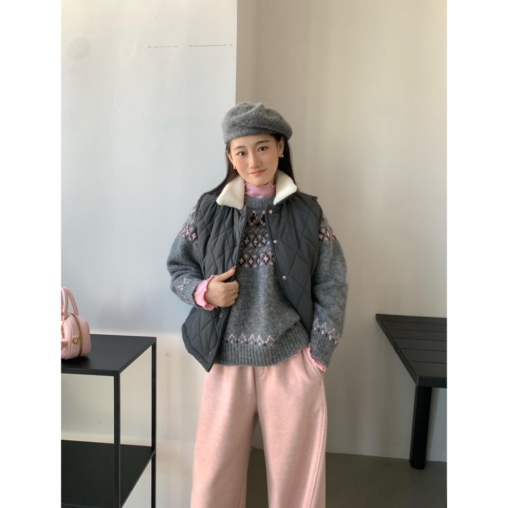 拼色復古感圖騰菱形費爾島毛衣-細節圖3