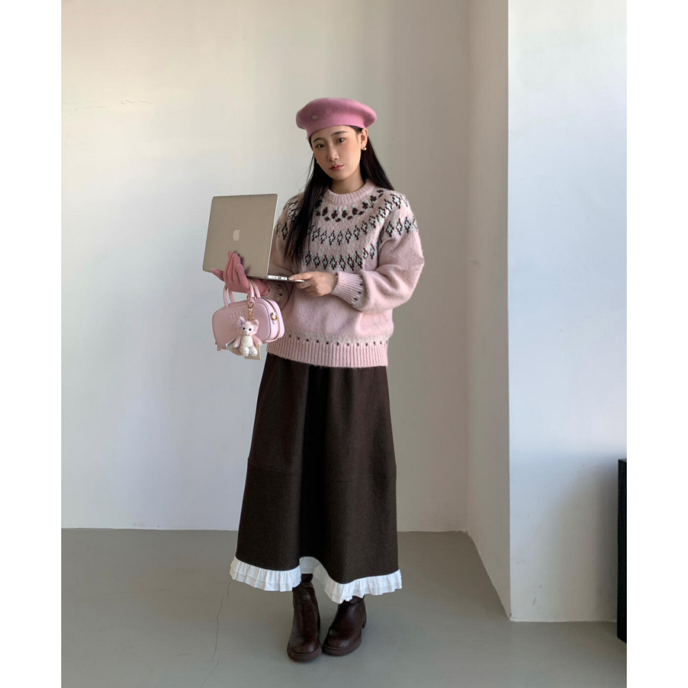 拼色復古感圖騰菱形費爾島毛衣-細節圖5