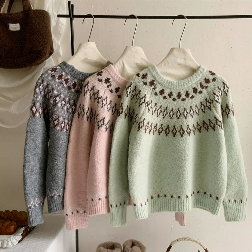 拼色復古感圖騰菱形費爾島毛衣-細節圖6