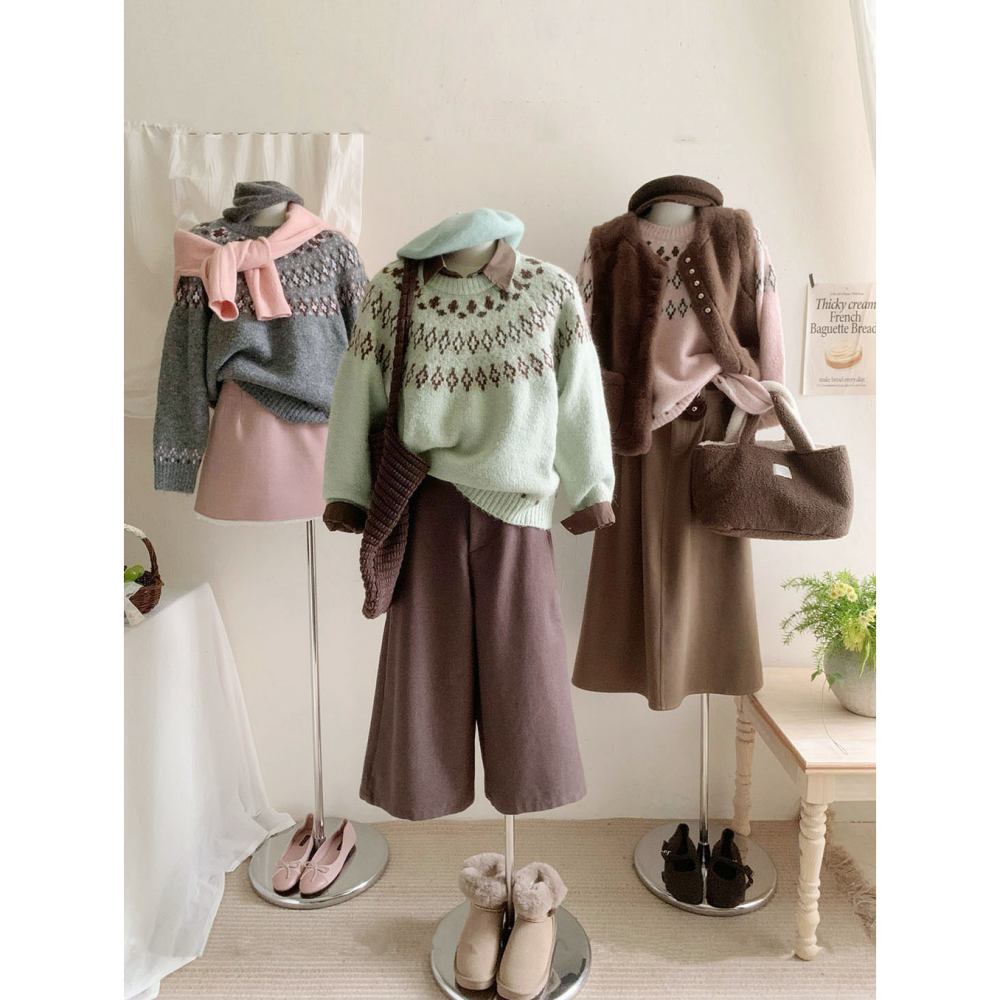 拼色復古感圖騰菱形費爾島毛衣-細節圖8