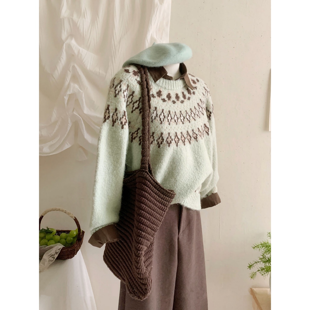 拼色復古感圖騰菱形費爾島毛衣-規格圖8