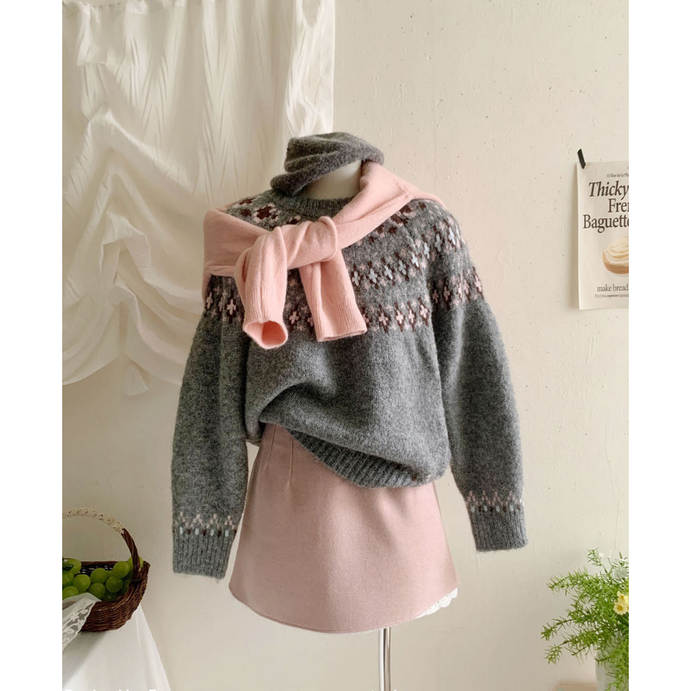 拼色復古感圖騰菱形費爾島毛衣-規格圖8