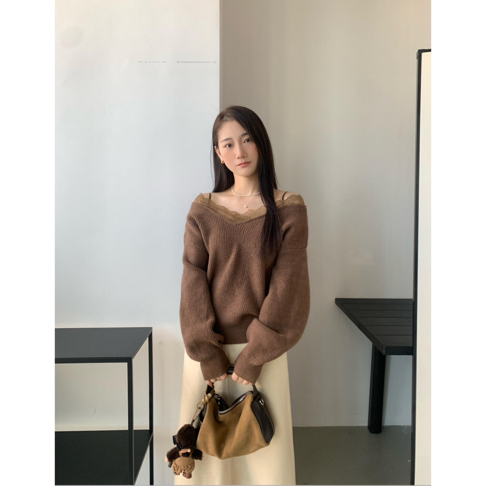 韓系氣質露肩蕾絲花邊一字領毛衣-細節圖2