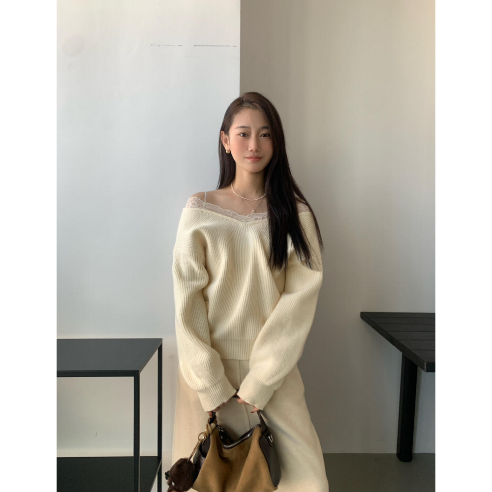 韓系氣質露肩蕾絲花邊一字領毛衣-細節圖3