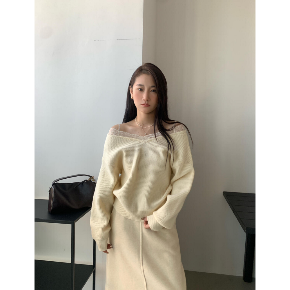 韓系氣質露肩蕾絲花邊一字領毛衣-細節圖4