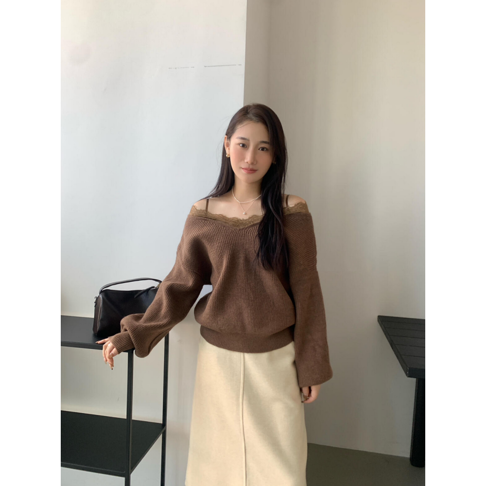 韓系氣質露肩蕾絲花邊一字領毛衣-細節圖6