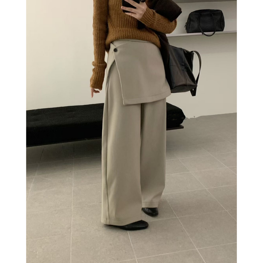 韓系設計感假兩件直筒西裝褲屁簾款加絨長褲-細節圖2