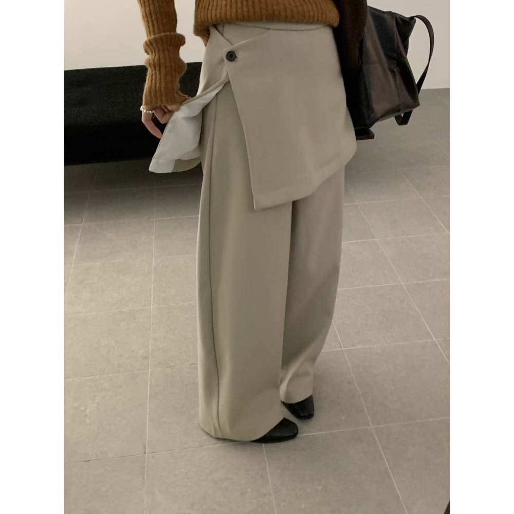 韓系設計感假兩件直筒西裝褲屁簾款加絨長褲-細節圖3