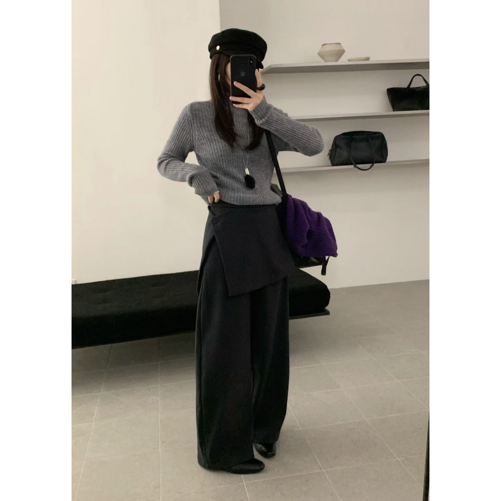 韓系設計感假兩件直筒西裝褲屁簾款加絨長褲-細節圖4