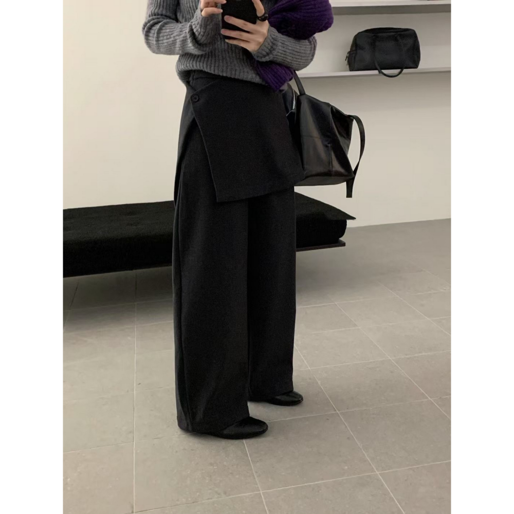 韓系設計感假兩件直筒西裝褲屁簾款加絨長褲-細節圖5