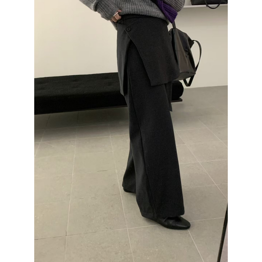 韓系設計感假兩件直筒西裝褲屁簾款加絨長褲-細節圖6