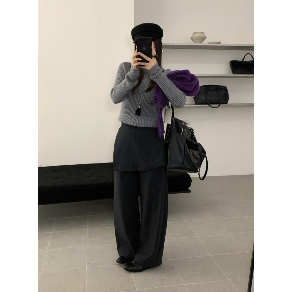 韓系設計感假兩件直筒西裝褲屁簾款加絨長褲-細節圖7