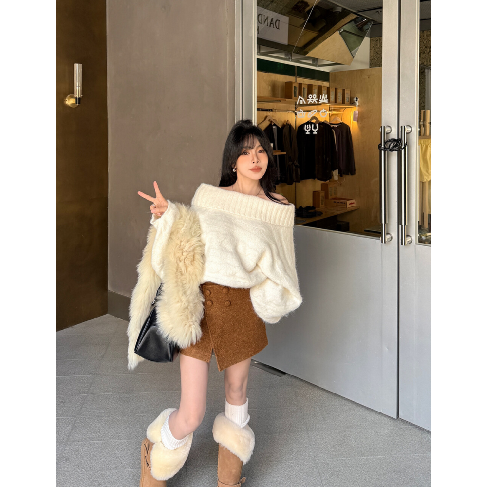 韓系前片不規則圈圈毛呢短裙-細節圖4