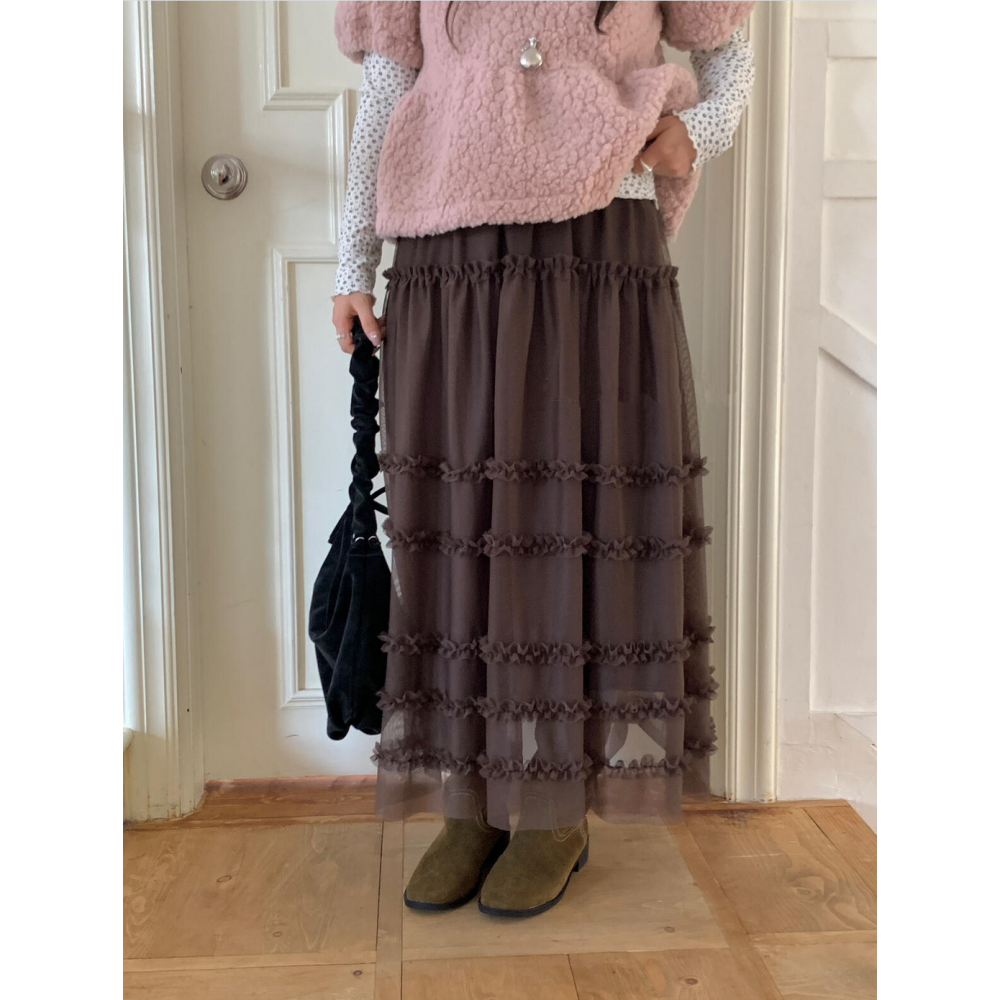 蕾絲花邊拼接層疊蛋糕裙鬆緊腰長裙-細節圖2