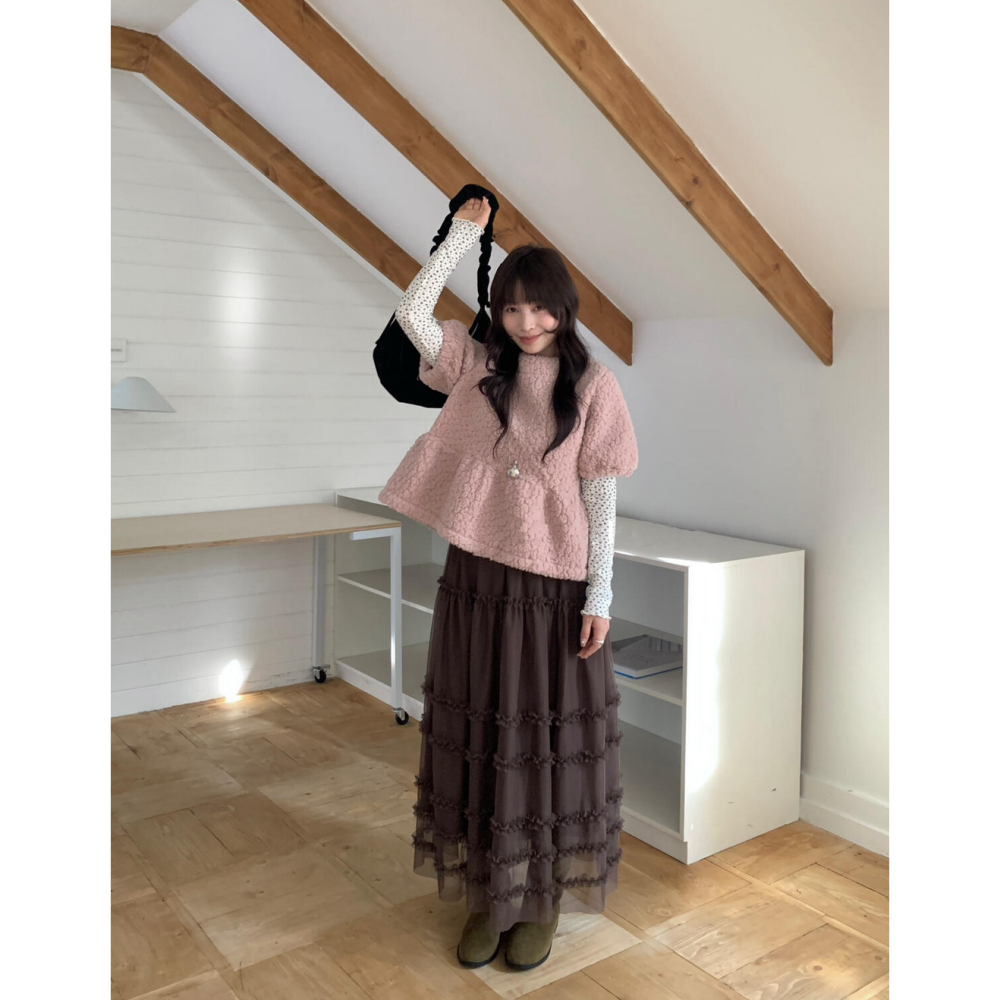 蕾絲花邊拼接層疊蛋糕裙鬆緊腰長裙-細節圖3