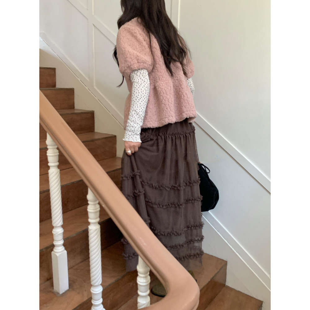 蕾絲花邊拼接層疊蛋糕裙鬆緊腰長裙-細節圖4