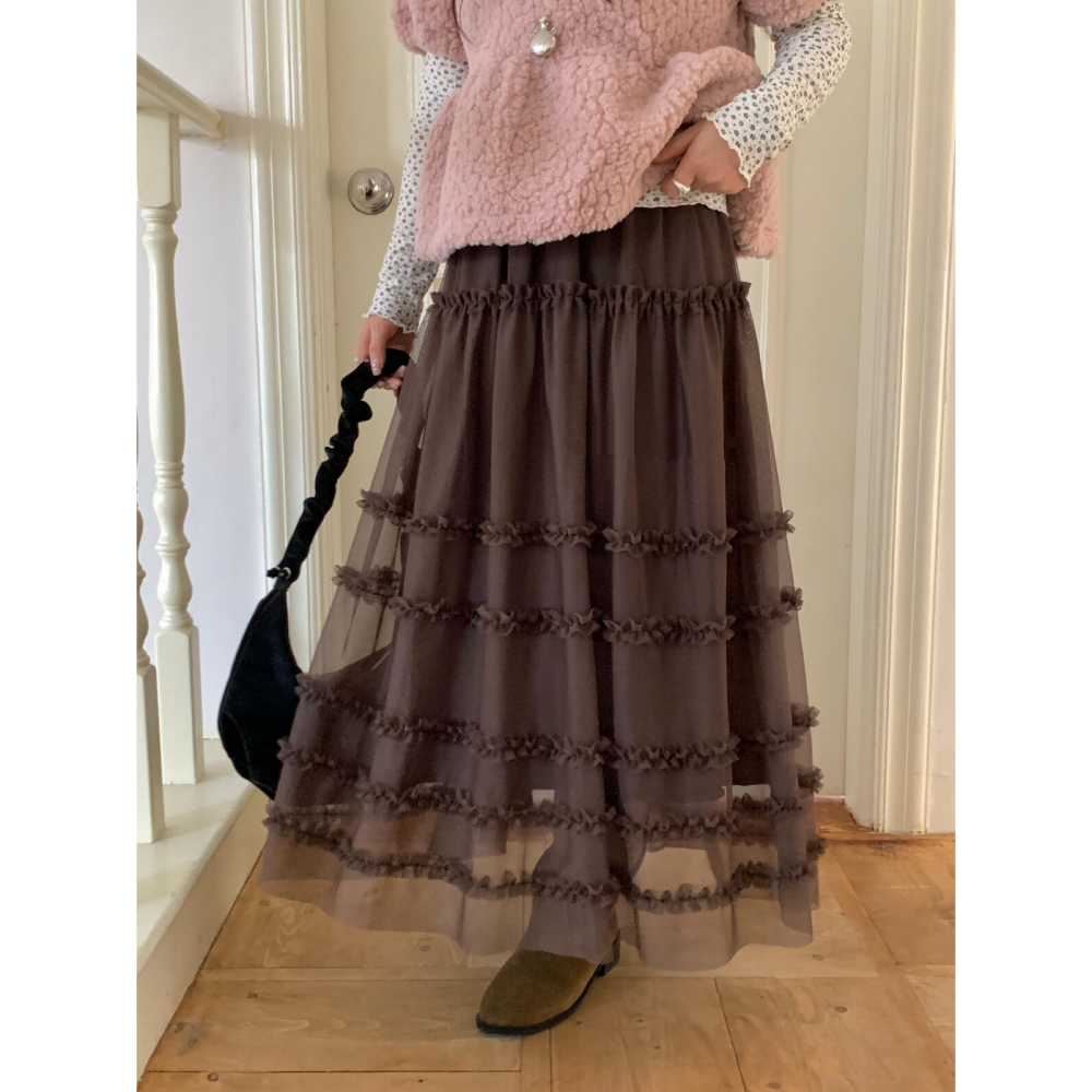 蕾絲花邊拼接層疊蛋糕裙鬆緊腰長裙-細節圖6