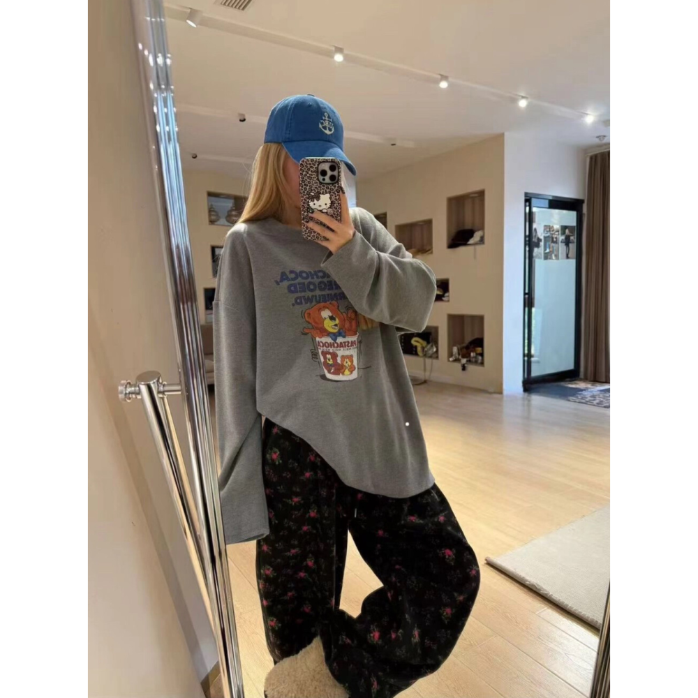 韓系休閒卡通小熊長袖加絨T恤上衣-細節圖2