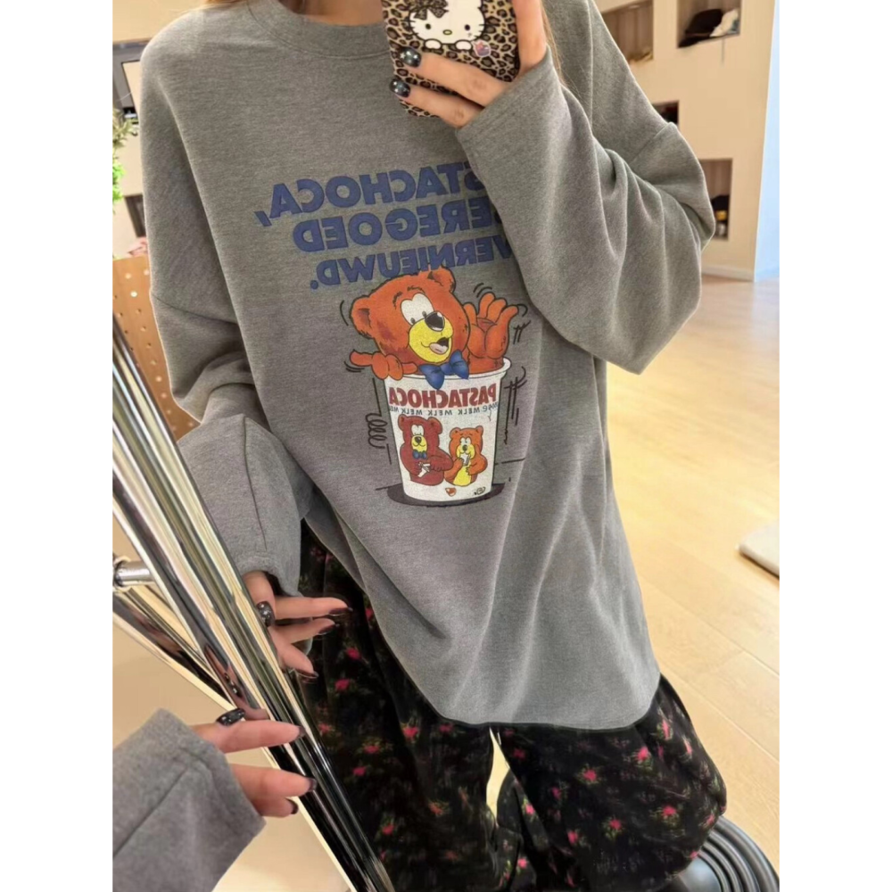韓系休閒卡通小熊長袖加絨T恤上衣-細節圖3