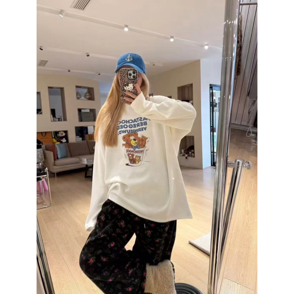 韓系休閒卡通小熊長袖加絨T恤上衣-細節圖4