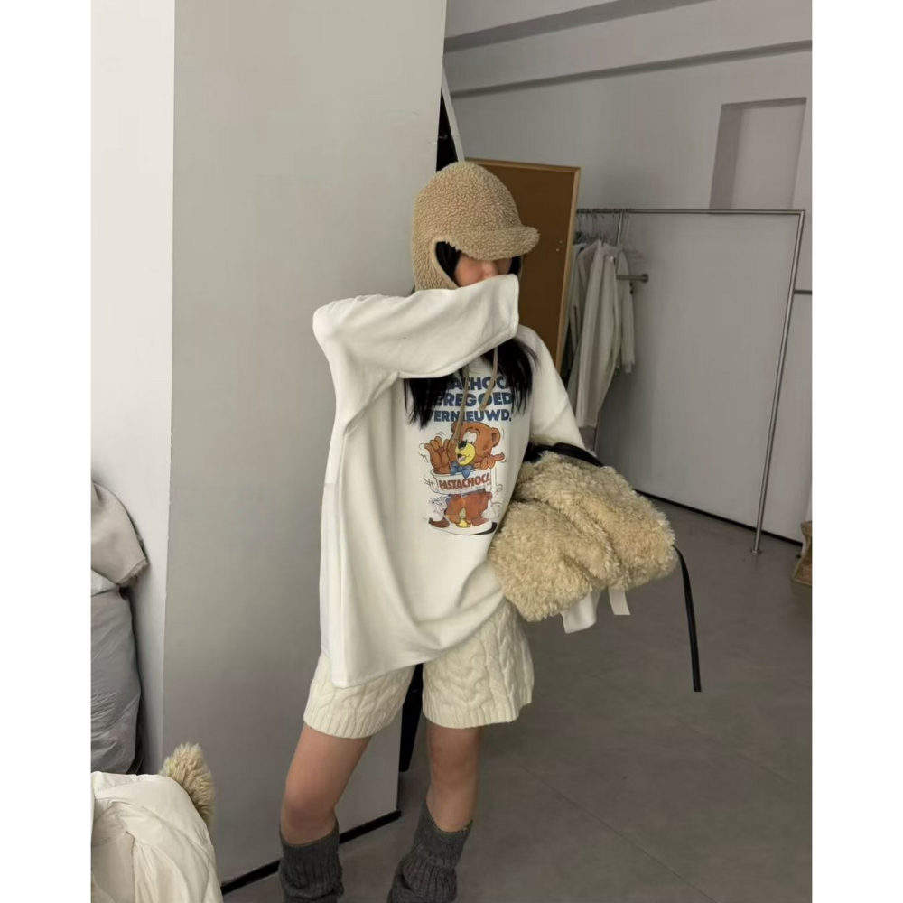 韓系休閒卡通小熊長袖加絨T恤上衣-細節圖8