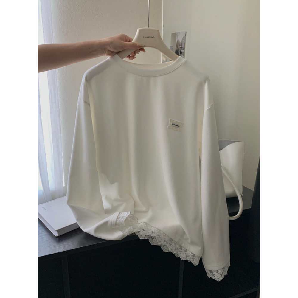 日系甜美蕾絲拼接德絨磨毛長袖T恤-細節圖2