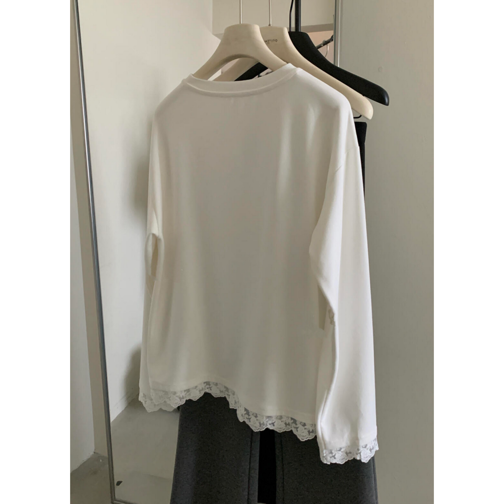 日系甜美蕾絲拼接德絨磨毛長袖T恤-細節圖3