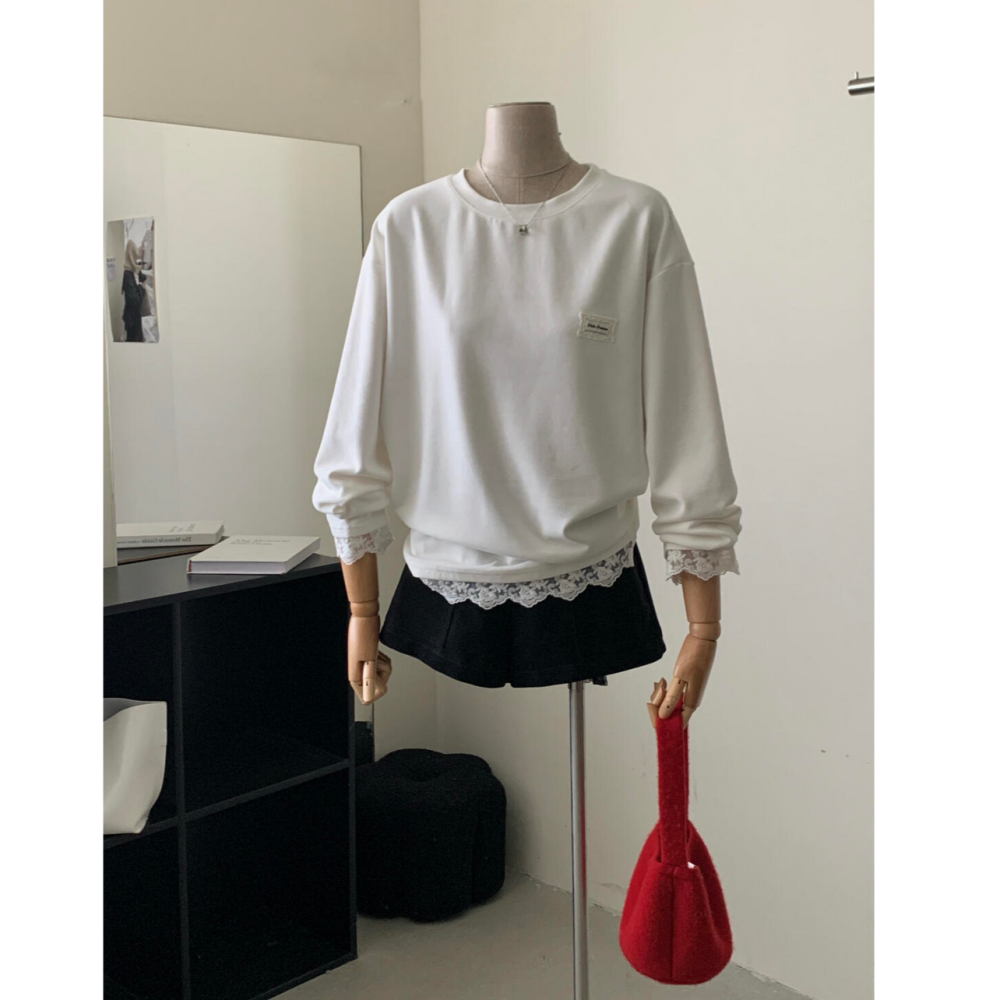 日系甜美蕾絲拼接德絨磨毛長袖T恤-細節圖6