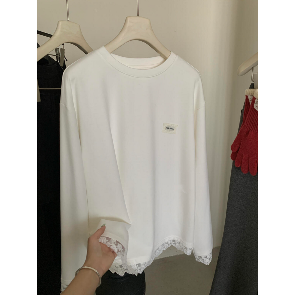 日系甜美蕾絲拼接德絨磨毛長袖T恤-細節圖7