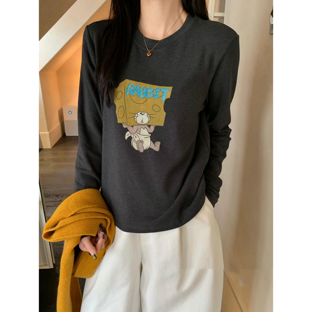 韓系休閒卡通印花長袖T恤-細節圖2