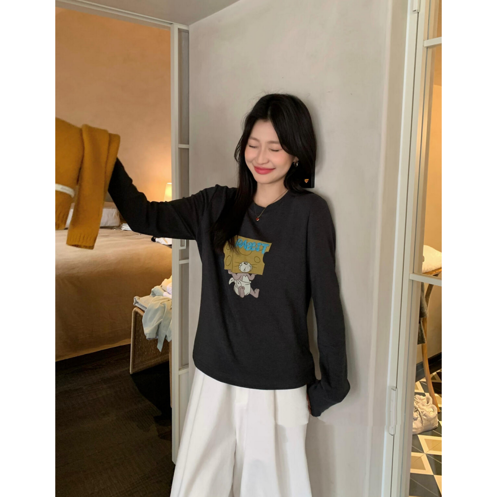 韓系休閒卡通印花長袖T恤-細節圖4