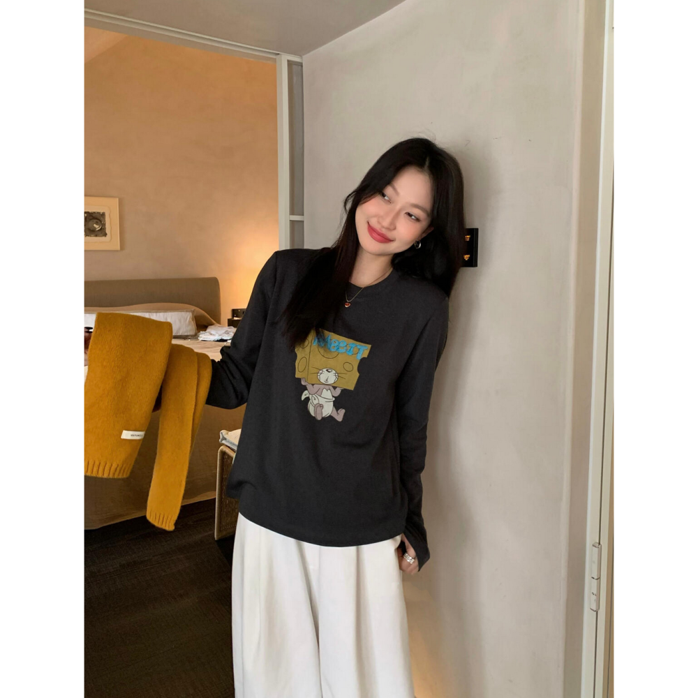 韓系休閒卡通印花長袖T恤-細節圖7