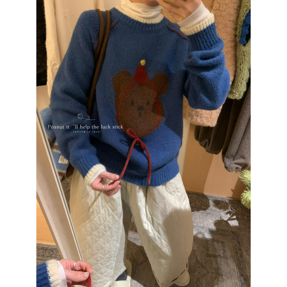 韓系休閒童趣小紅帽卡通熊毛衣-細節圖3