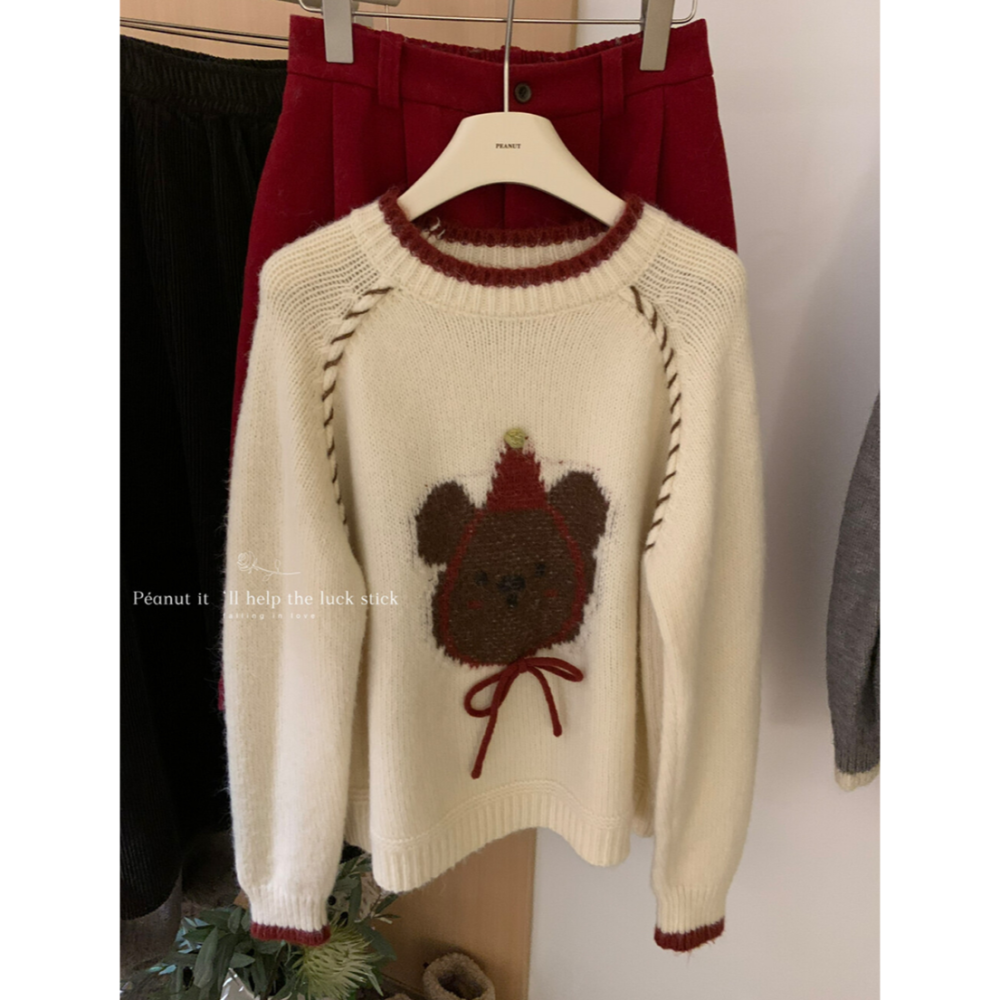 韓系休閒童趣小紅帽卡通熊毛衣-細節圖4