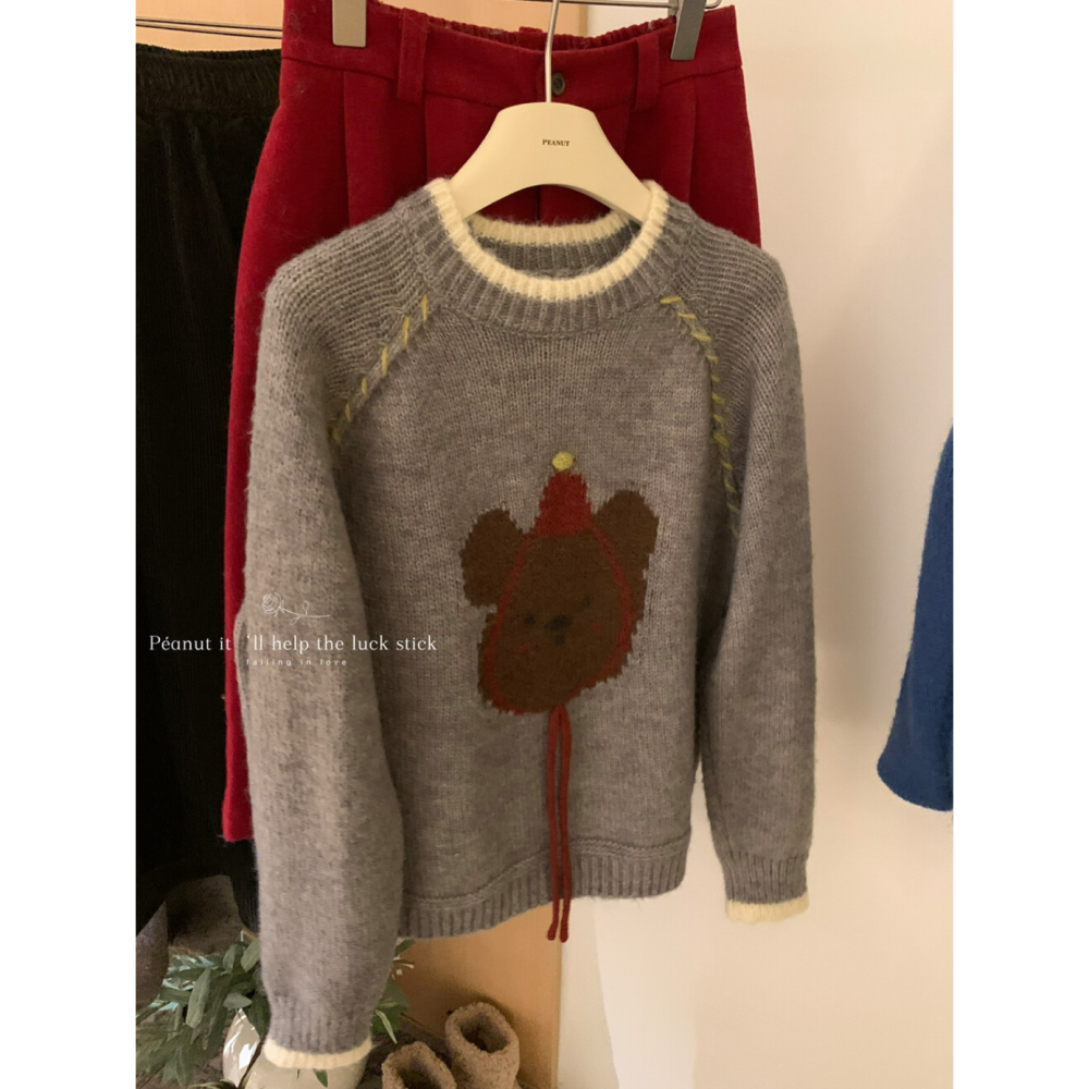 韓系休閒童趣小紅帽卡通熊毛衣-細節圖5