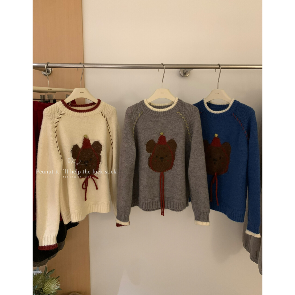 韓系休閒童趣小紅帽卡通熊毛衣-細節圖7