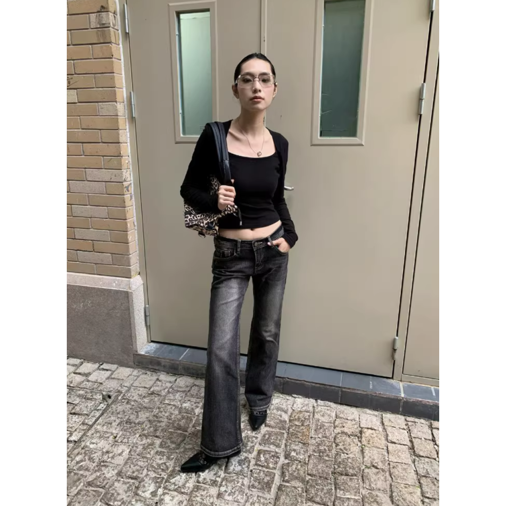 美式辣妹復古個性做舊低腰微喇牛仔褲-細節圖3