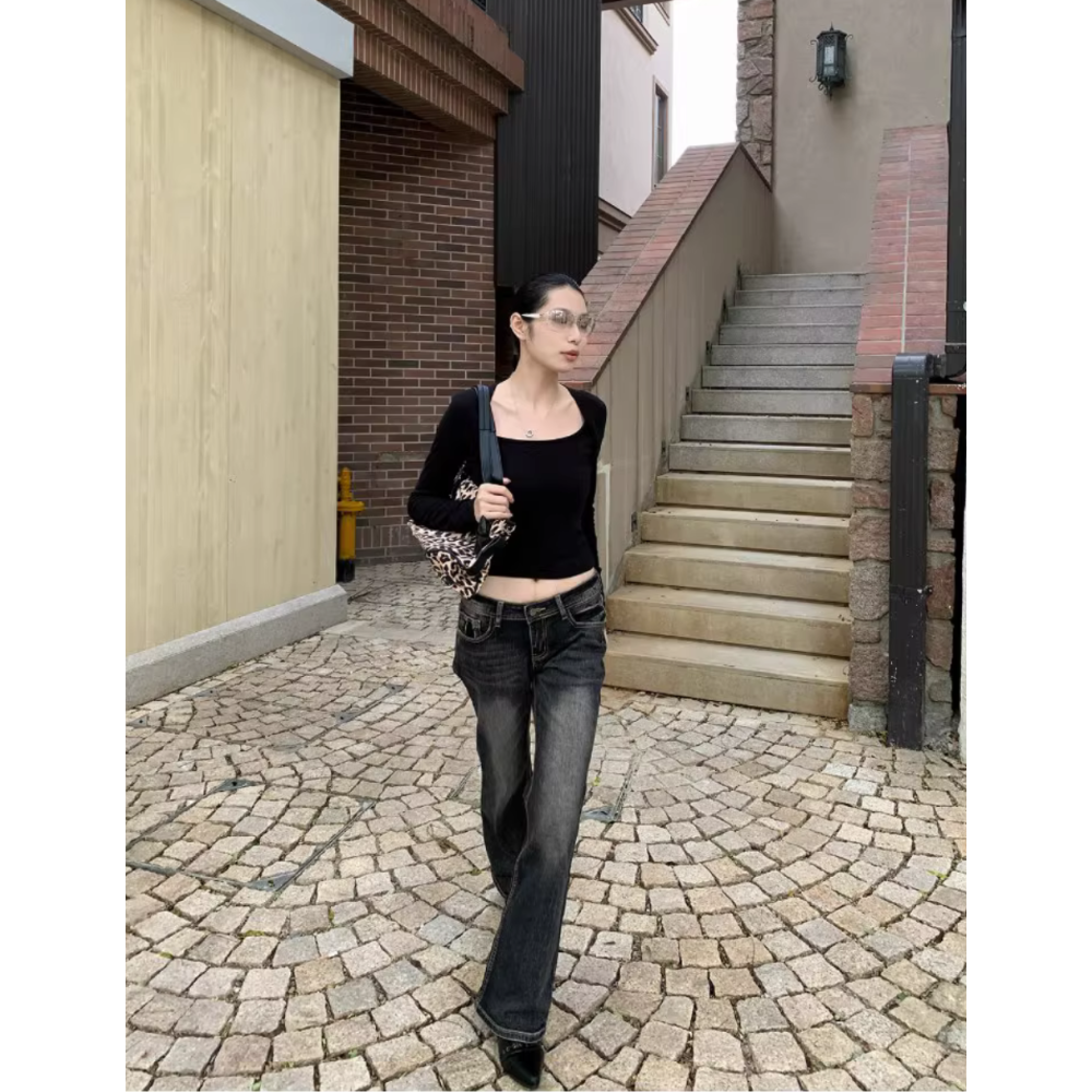 美式辣妹復古個性做舊低腰微喇牛仔褲-細節圖4