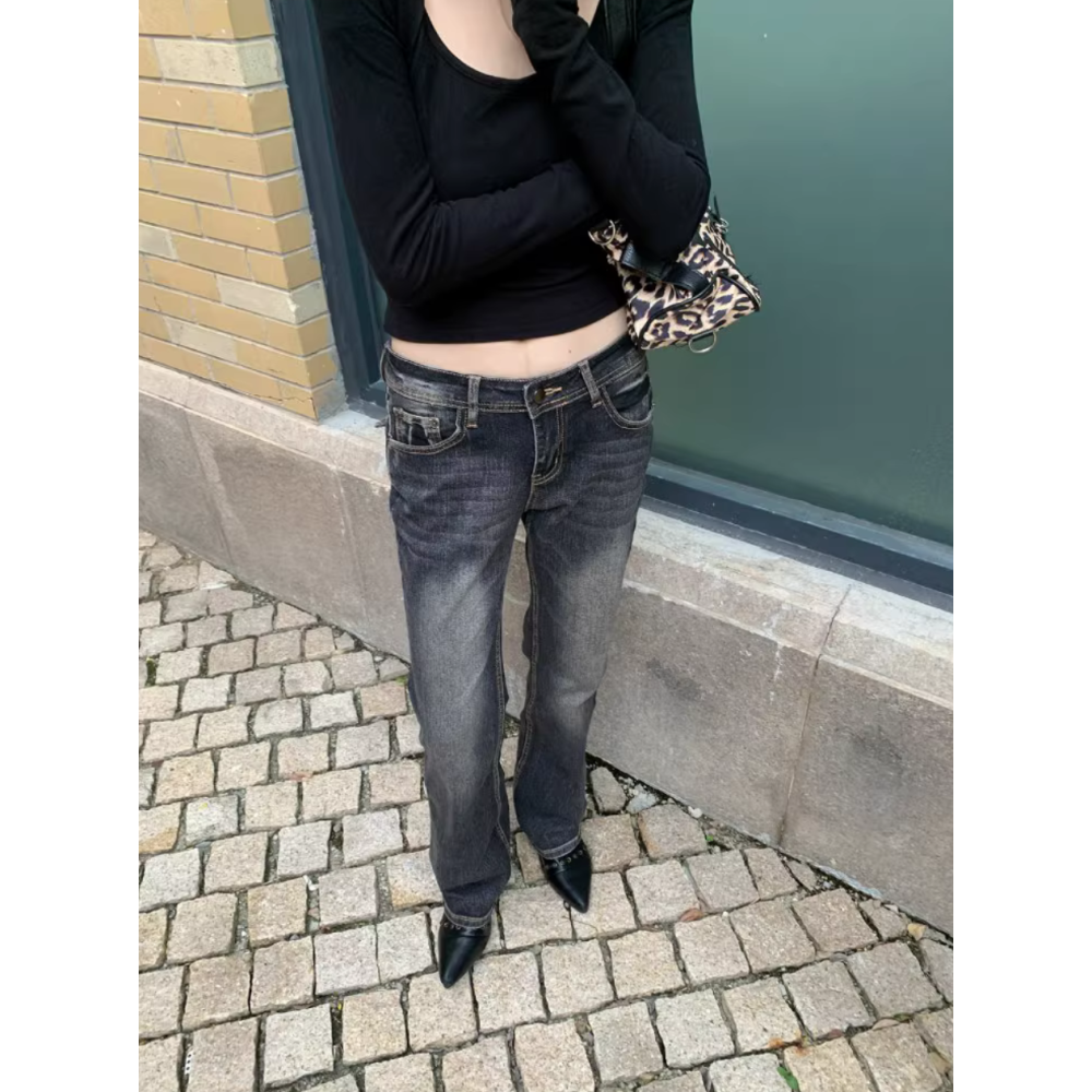 美式辣妹復古個性做舊低腰微喇牛仔褲-細節圖5