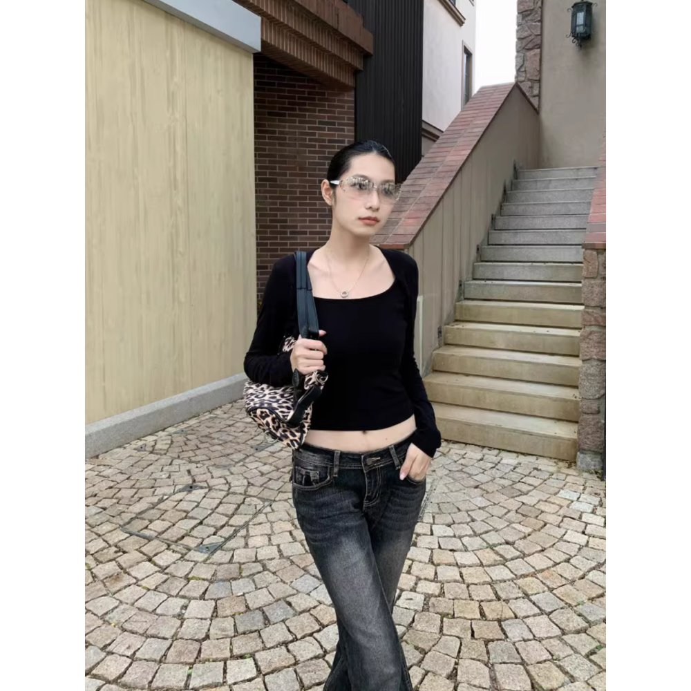 美式辣妹復古個性做舊低腰微喇牛仔褲-細節圖6