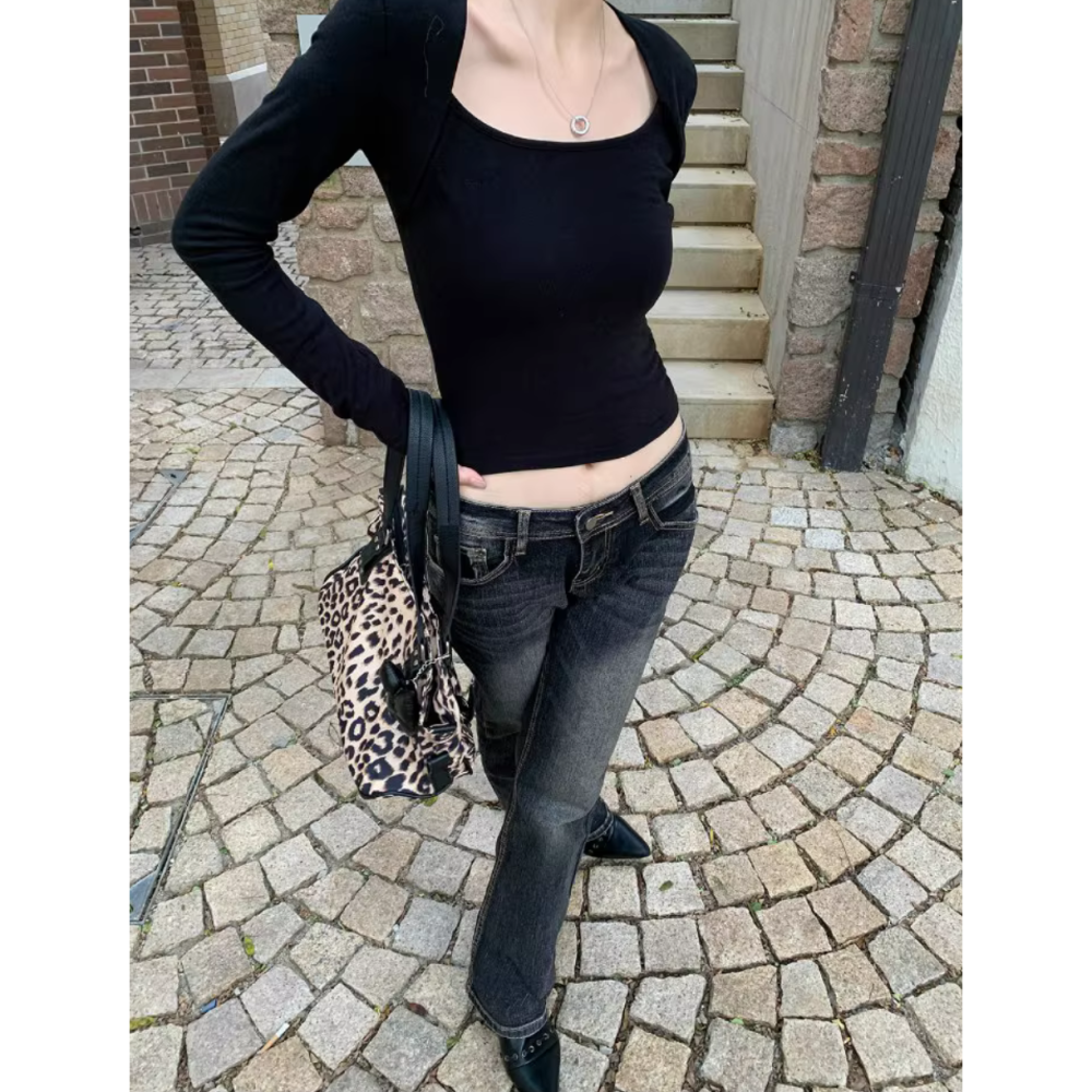 美式辣妹復古個性做舊低腰微喇牛仔褲-細節圖7